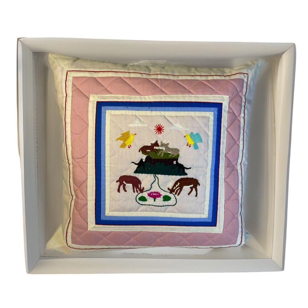 Vtg Handmade Noah’s Ark Throw Pillow 16x16 Embroidered Folk Art Animals Nursery